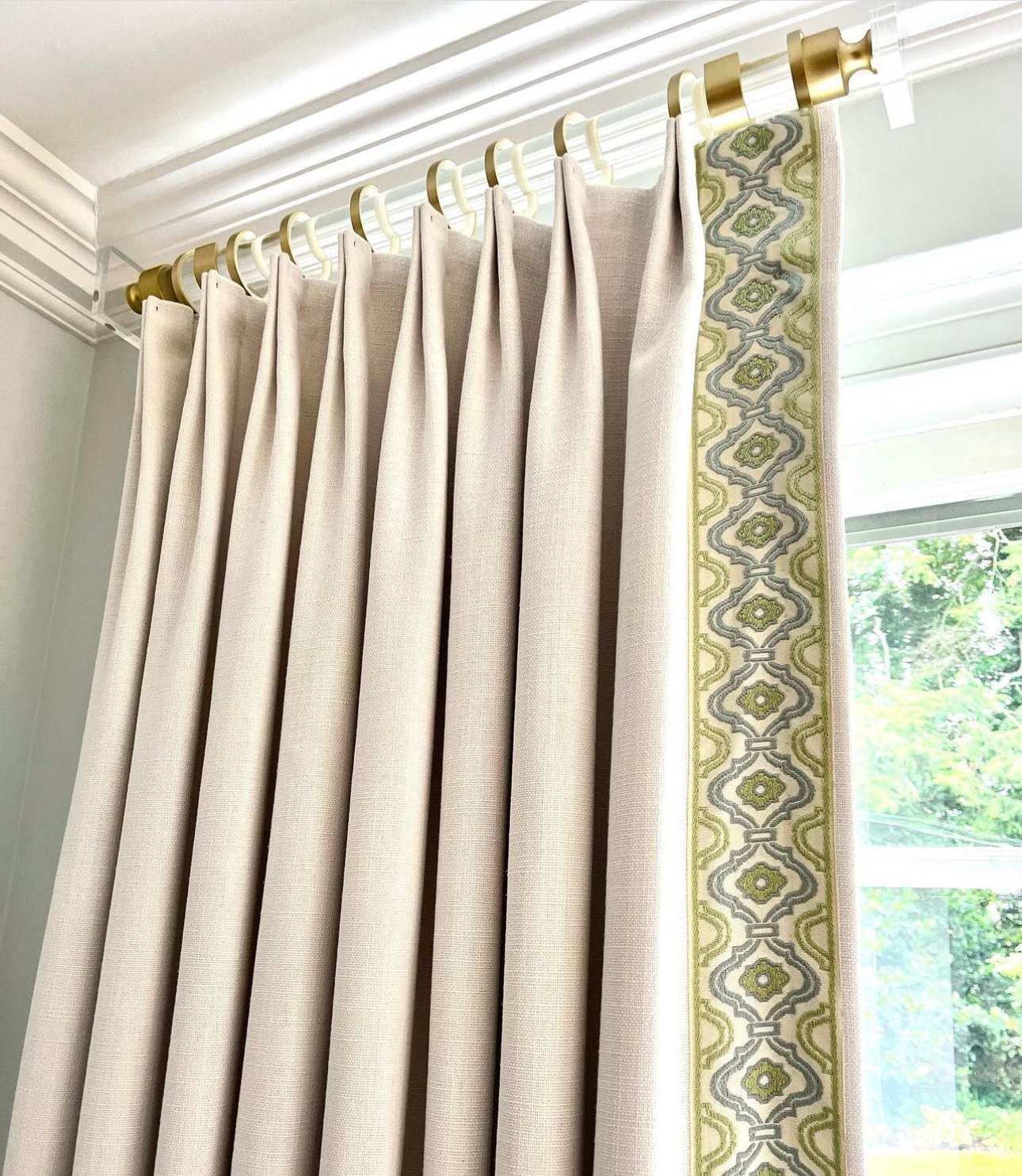 Clear rod with linen panels and trim